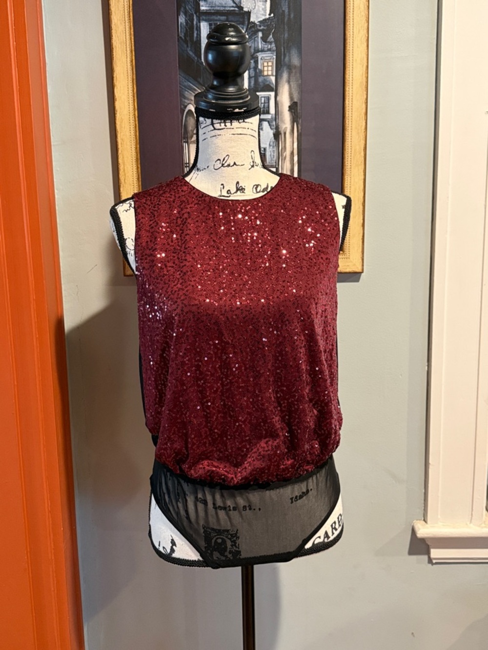 Rachel Roy Sequin Sleeveless Burgundy Blouson Bodysuit (M)